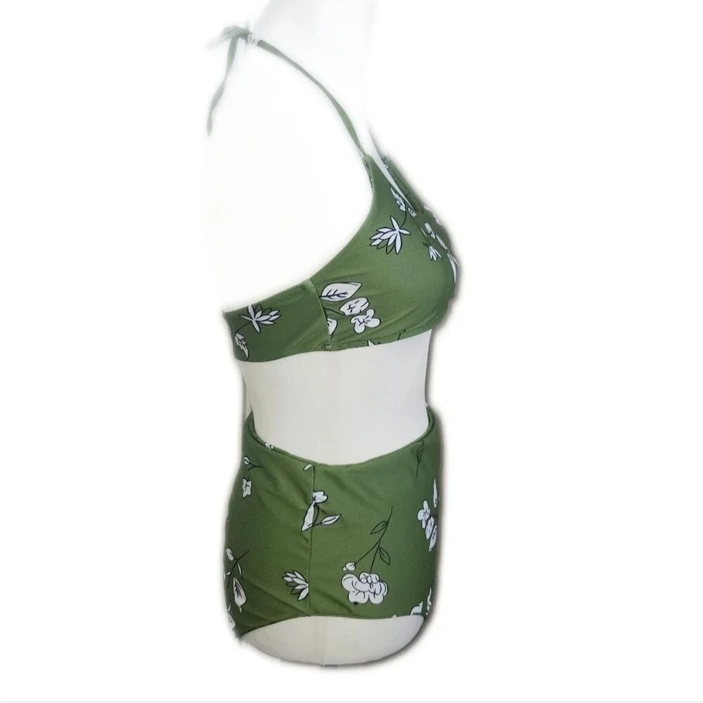 Floral Green Bandaeu Bikini Set, Tie Neck, High Rise Bottoms, Small